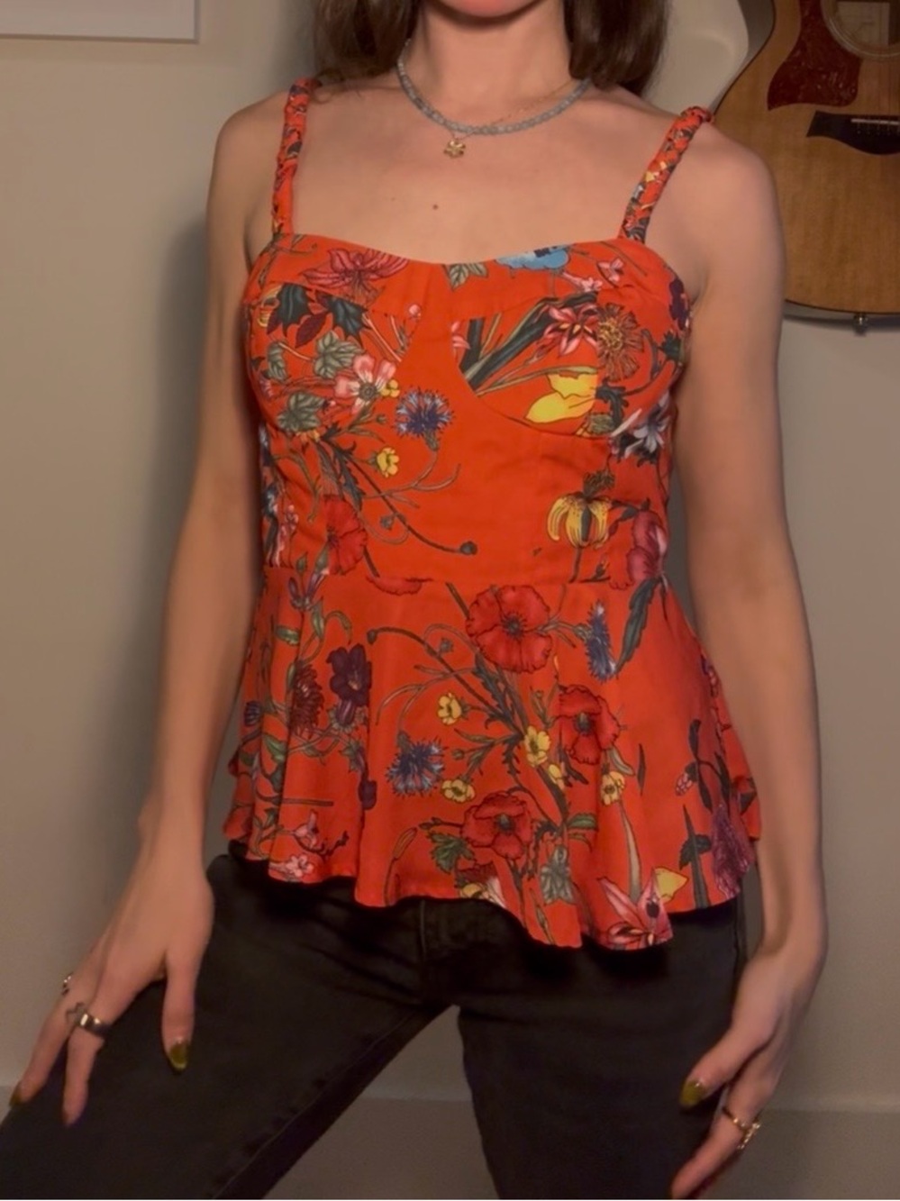 Anthropologie x Mare Mare Red Tropical Floral Peplum Corset Top XS
